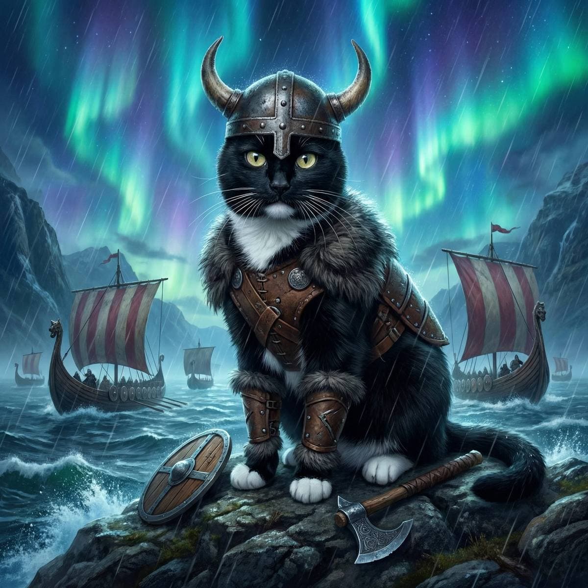 Cat framed art - Viking warrior style framed cat wall art
